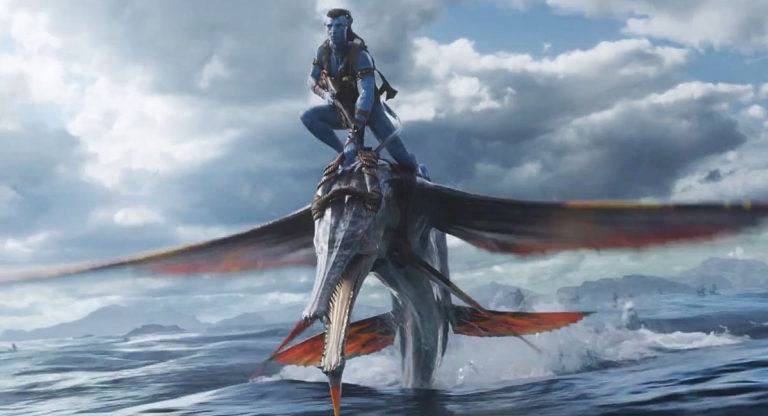 Avatar: The Way of Water: A Na'vi on a flying sea creature.